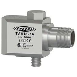 A TA918 stainless steel, side exit, intrinsically safe accelerometer engraved with the CTC Line logo, part number, serial number, and hazardous certification logos.